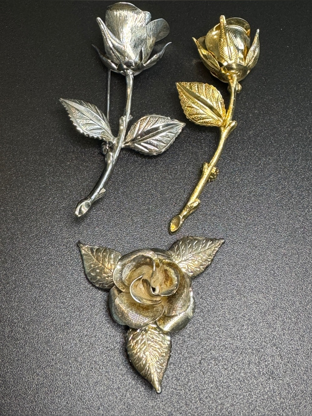 Vintage Rose Brooch Lot Set Silver & Gold Tone Floral Pin Bundle